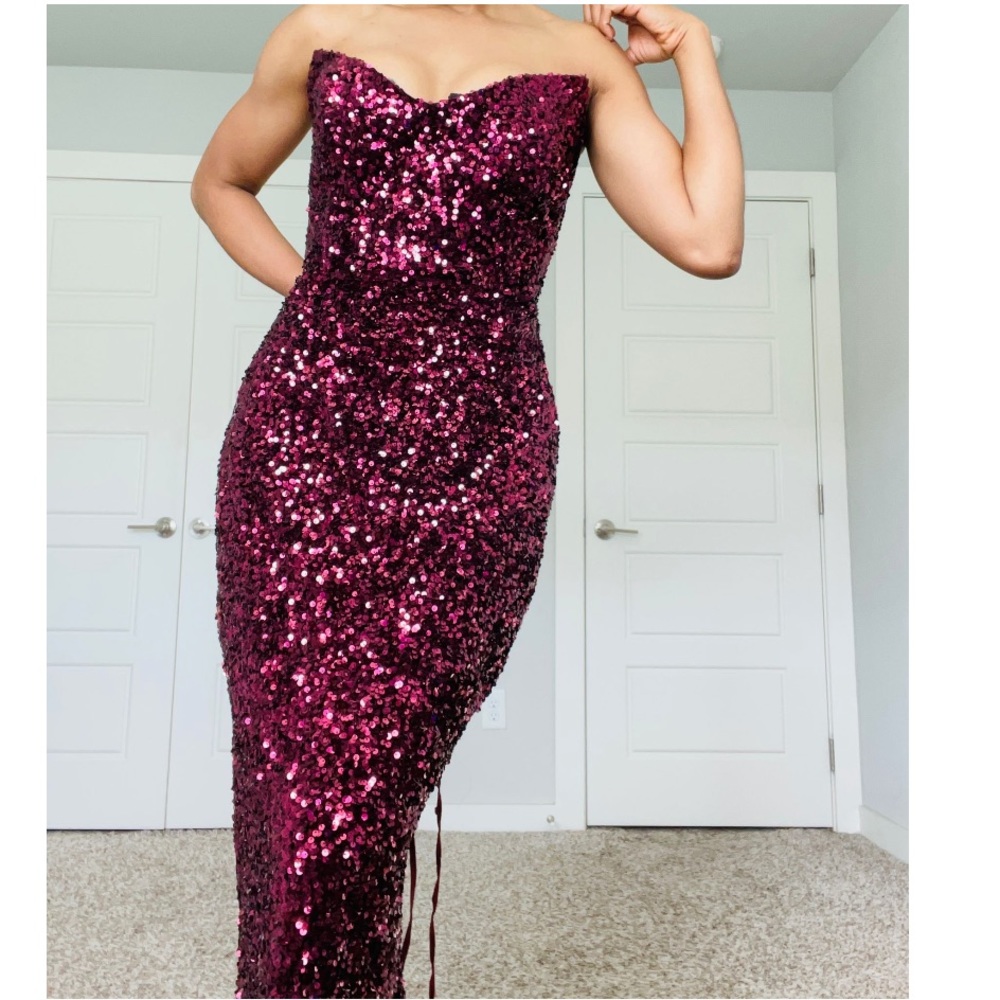 Ox Blood Sequin Corset Occassion Dress - Picture 7 of 12